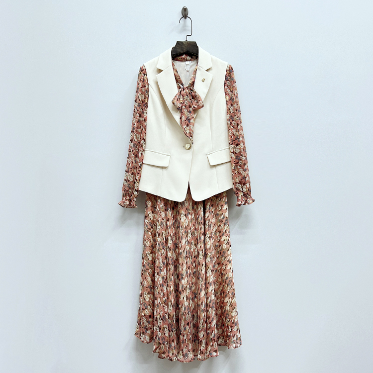 通勤碎花时尚两件套西服马甲长款连衣裙