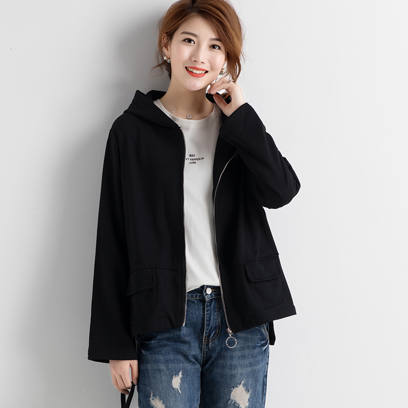 原创大码时尚宽松连帽开衫外套短款洋气卫衣女上衣