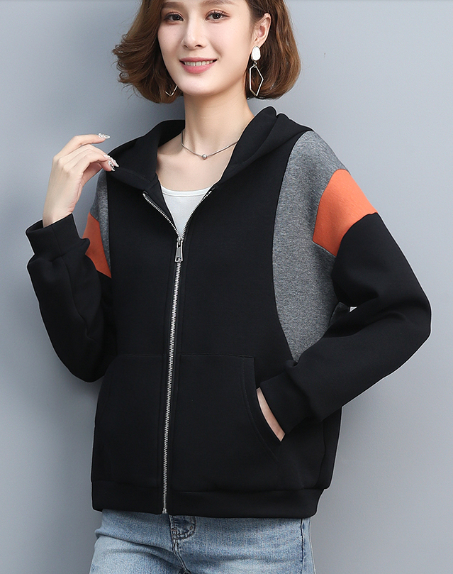 时尚撞色拼接开衫卫衣女春秋新款大码宽松妈妈减龄连帽短外套