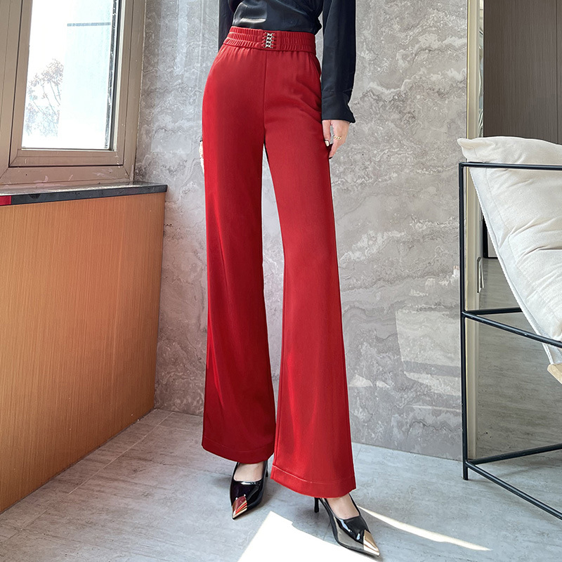 红色气质高腰长裤子女春夏新款显瘦垂感阔腿喇叭裤通勤休闲裤