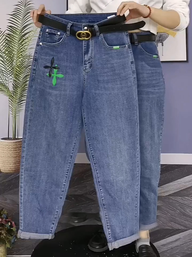高腰牛仔哈伦裤女小个子显高宽松显瘦老爹裤设计感小众百搭九分裤
