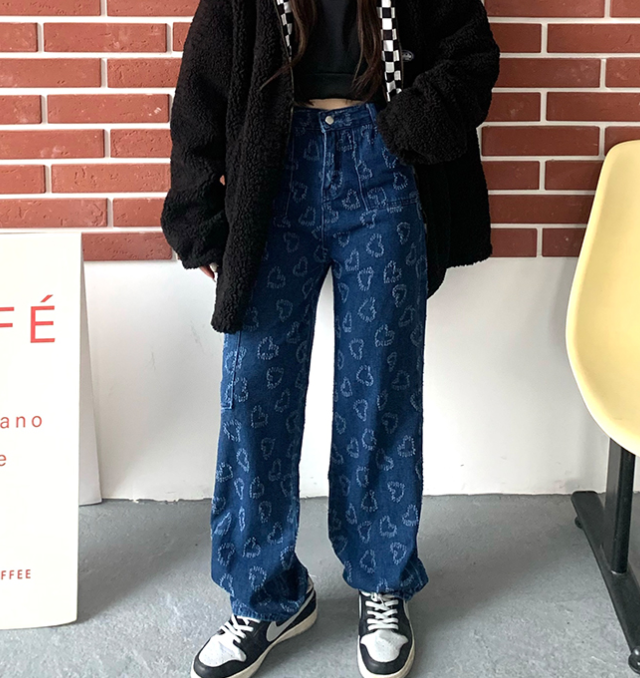 爱心满印提花高街裤子女春秋款美式高腰显瘦直筒宽松牛仔裤潮ins