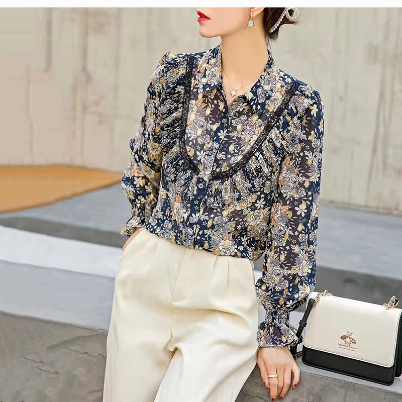 雪纺碎花衬衫单排扣长袖小衫春季新款上衣女装