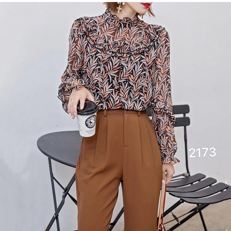 碎花雪纺衫女木耳边灯笼袖气质印花小衫衬衫