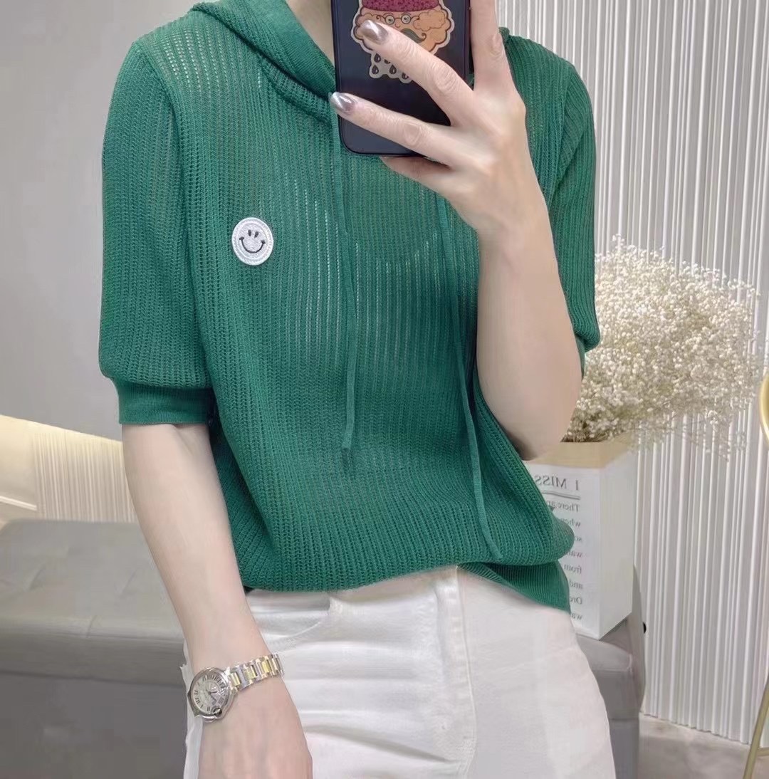 春夏笑脸标连帽镂空针织短袖上衣薄款针织衫女装