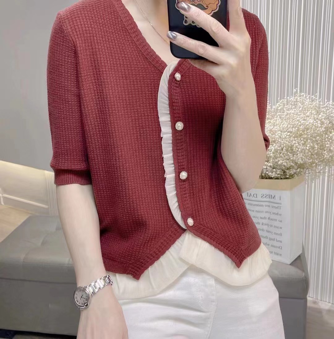 夏季单排扣V领短袖针织开衫纯色小香风薄款女装短款