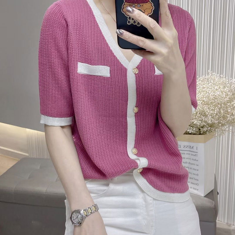 夏季新款短袖T恤纯色小香风弧形下摆针织开衫通勤女装纽扣