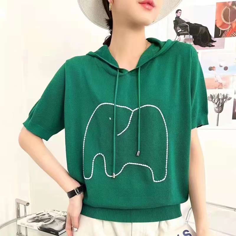 小众冰丝连帽短袖t恤女宽松时尚大象印花针织短款休闲打底衫上衣
