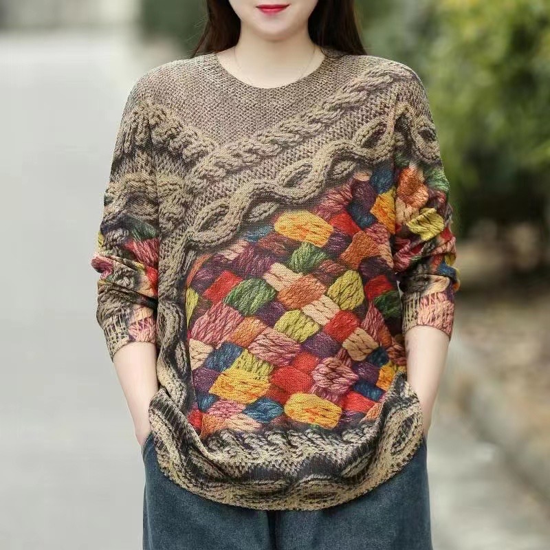 春季大码胖mm长袖t恤麻棉上衣女遮肚子印花高端气质针织衫