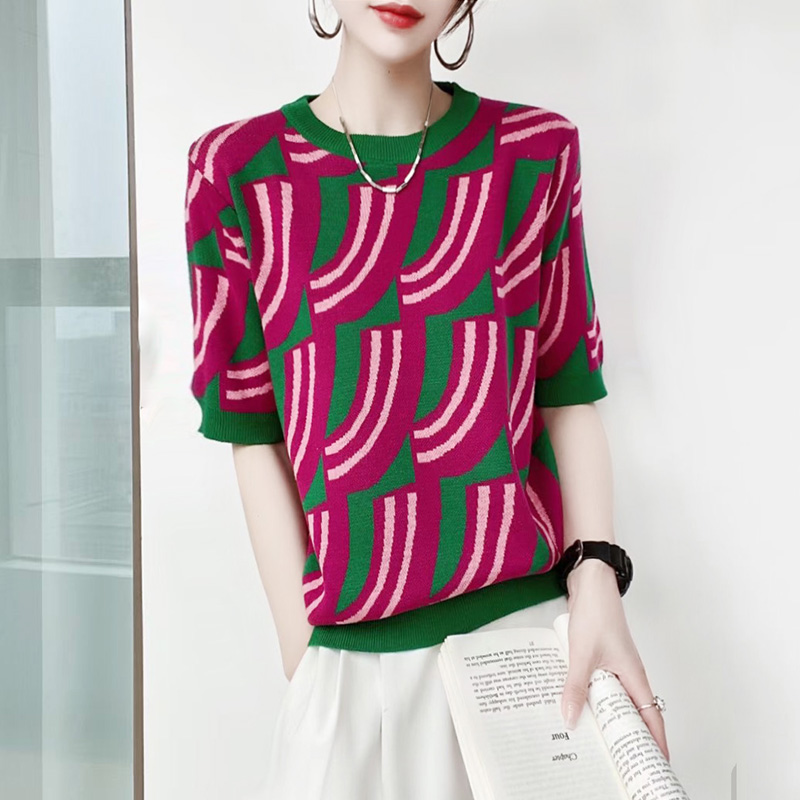 欧洲站欧货斜条色块圆领短袖T恤上衣女春夏彩色冰丝针织衫薄