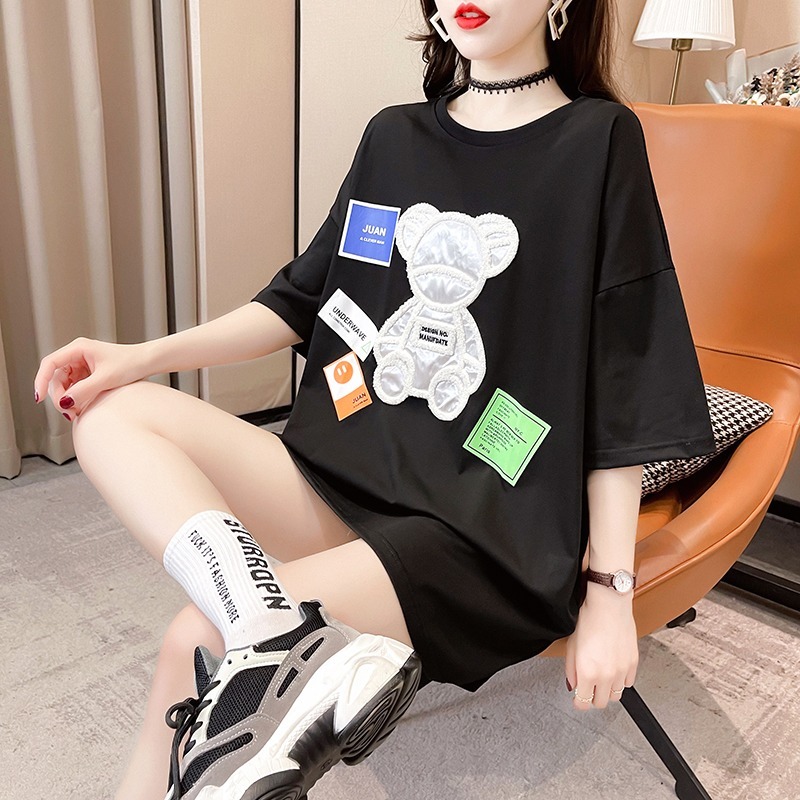 短袖t恤女夏新款潮牌宽松大码胖mm遮肉显瘦中长款上衣体恤