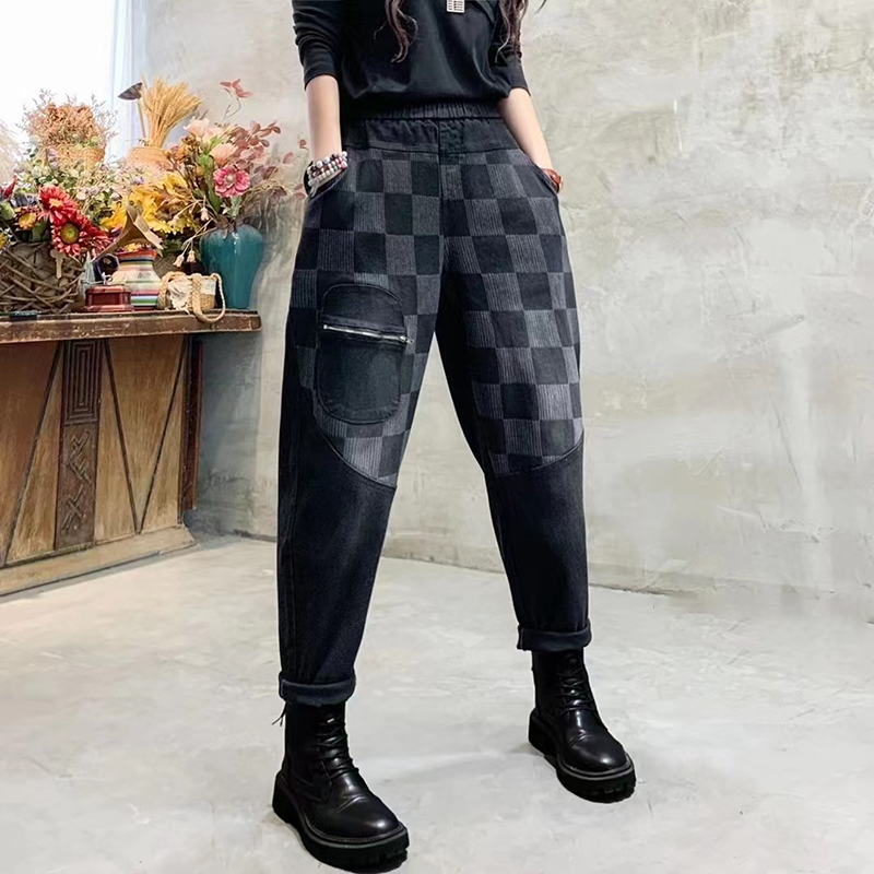 夏季阔腿裤胖MM显瘦萝卜九分裤大码格子条纹哈伦裤拼接弹力牛仔裤
