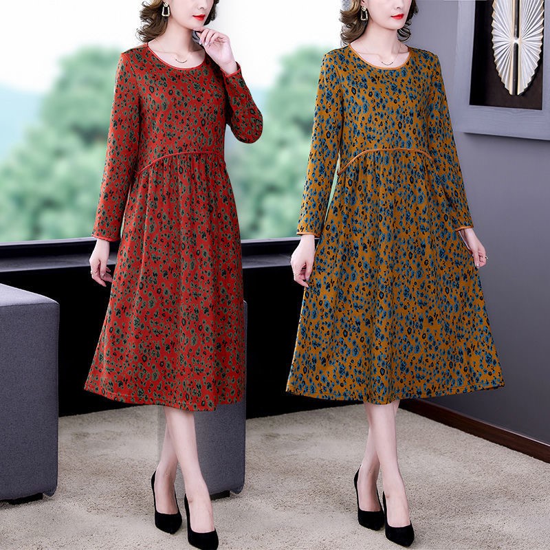 新款阔太太洋气长袖连衣裙秋冬修腰显瘦大