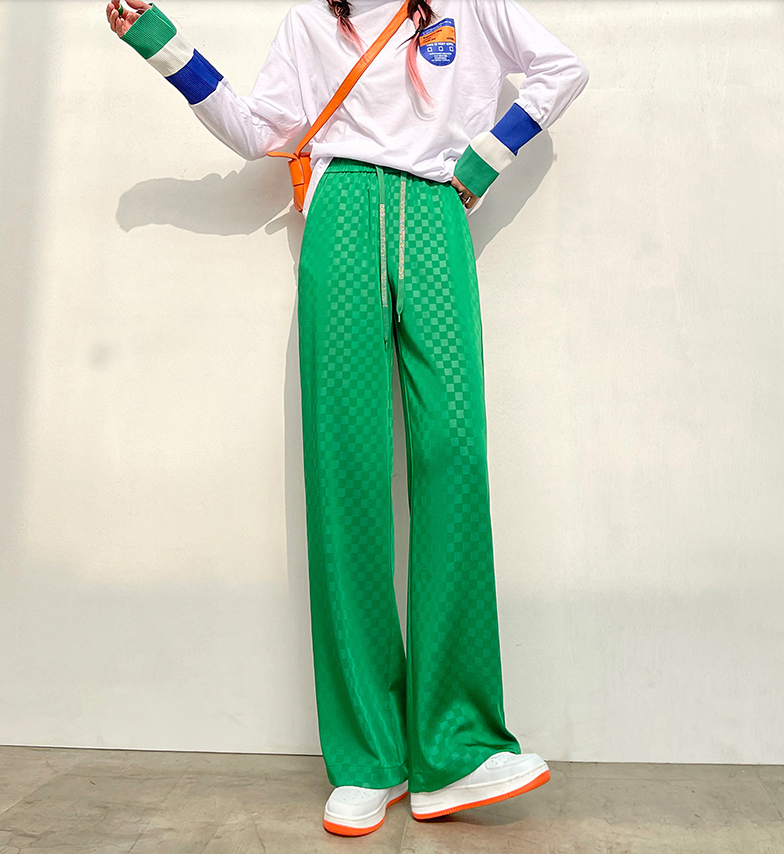 新款铜氨丝棋盘格高腰休闲拖地直筒宽松运动裤