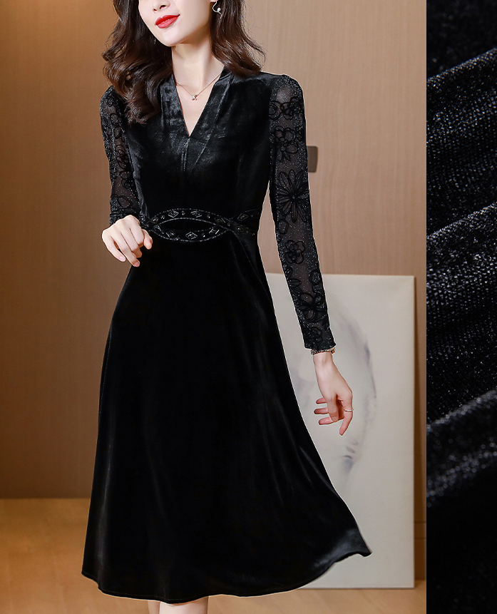 金丝绒v领连衣裙女春秋装新款高端奢华大牌名媛气质长裙子
