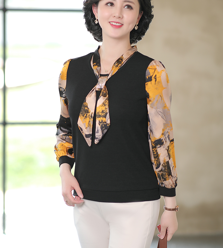 妈妈春装雪纺长袖小衫50岁中老年夏装系带洋气上衣中年女薄款T恤