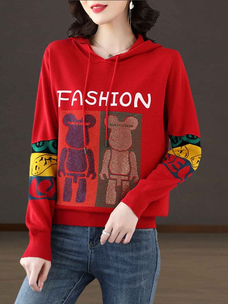 连帽烫钻小熊卫衣女短款上衣春季新款宽松爆款洋气欧货针织衫