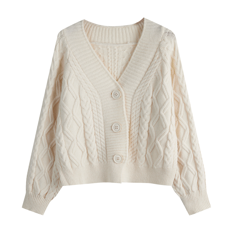 v领麻花毛衣女宽松短款秋春新款小个子日系开衫上衣设计感外套春