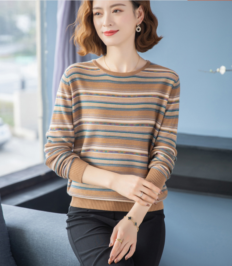 条纹羊毛衫女春秋低领宽松大码毛衣妈妈薄款针织打底衫