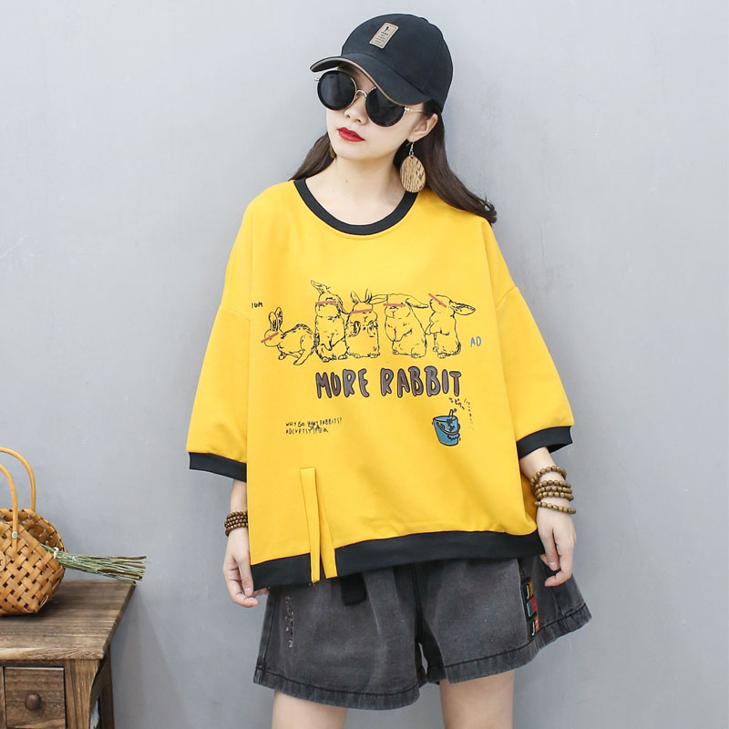 新款薄款圆领套头七分袖女式上衣百搭