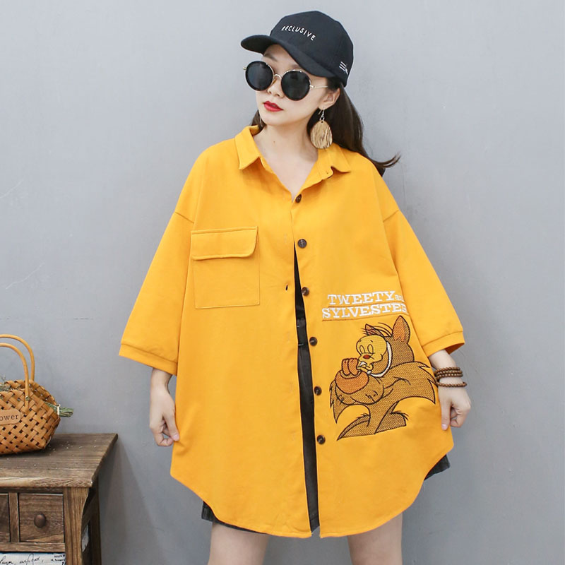 新款衬衣女韩版宽松大码显瘦休闲刺绣七分袖开衫外套