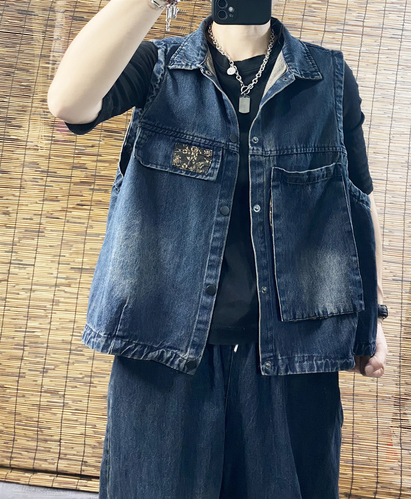 原创大码休闲短款牛仔马夹女复古小碎花拼接大口袋减龄坎肩