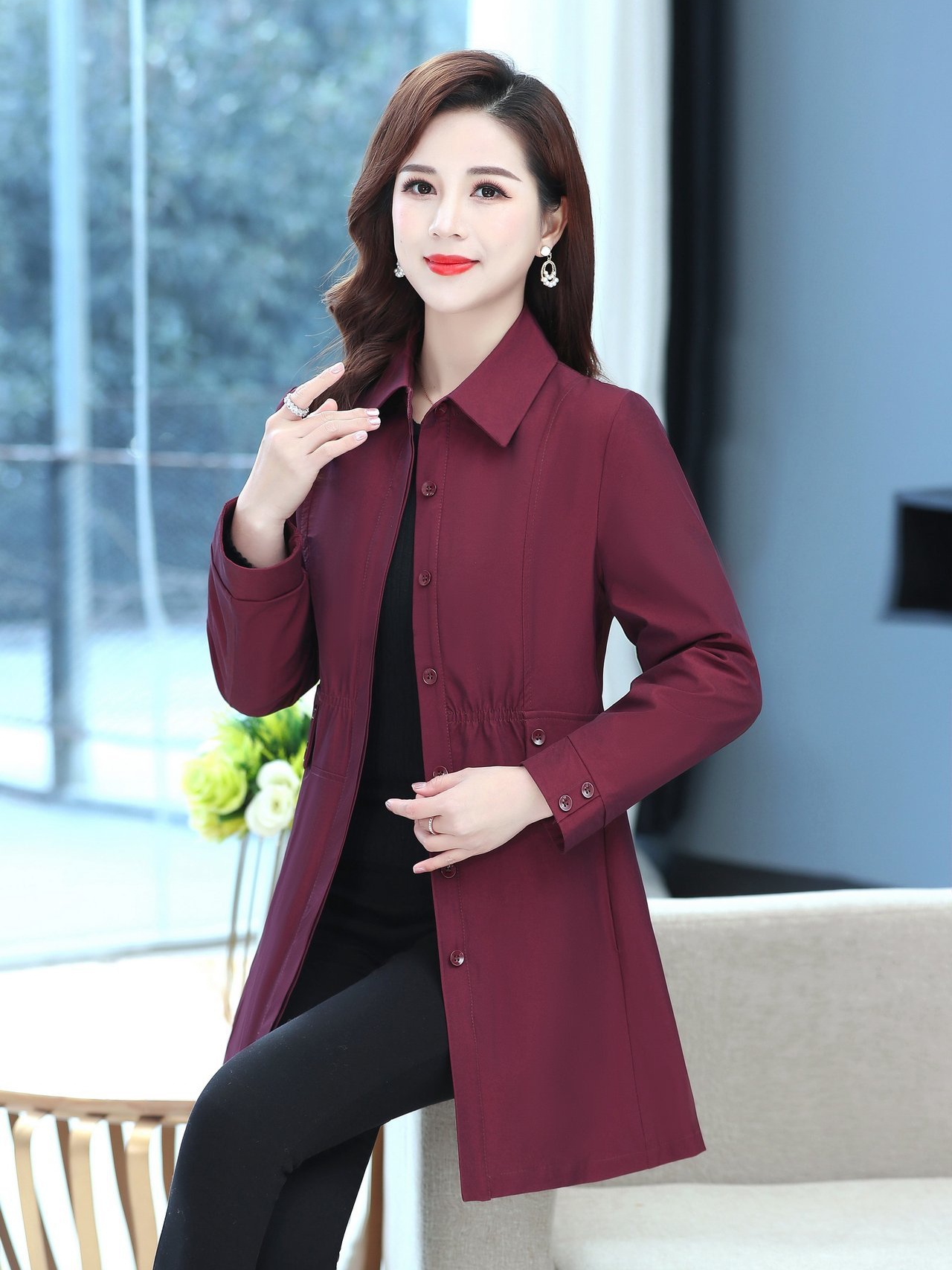 春装外套女装妈妈装收腰显瘦翻领中长款风衣春季休闲上衣服春秋款