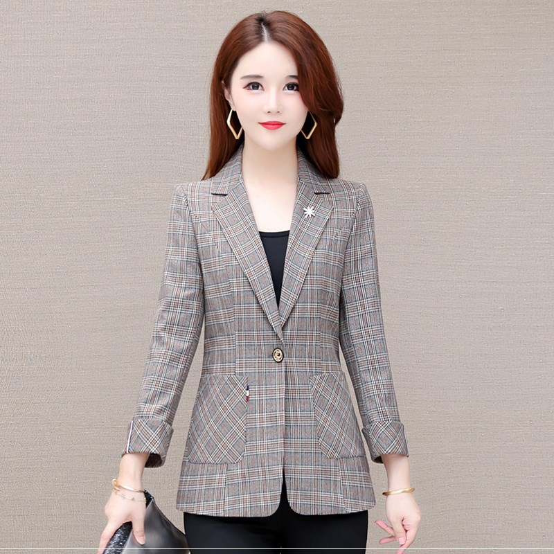 格子小西装外套女春秋装薄款高端洋气质中年妈妈休闲西服高贵减龄