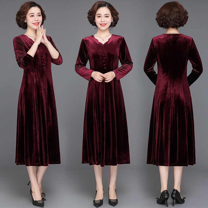 参加婚礼的衣服妈妈婚宴礼服中年女装金丝绒长袖裙子喜婆婆装