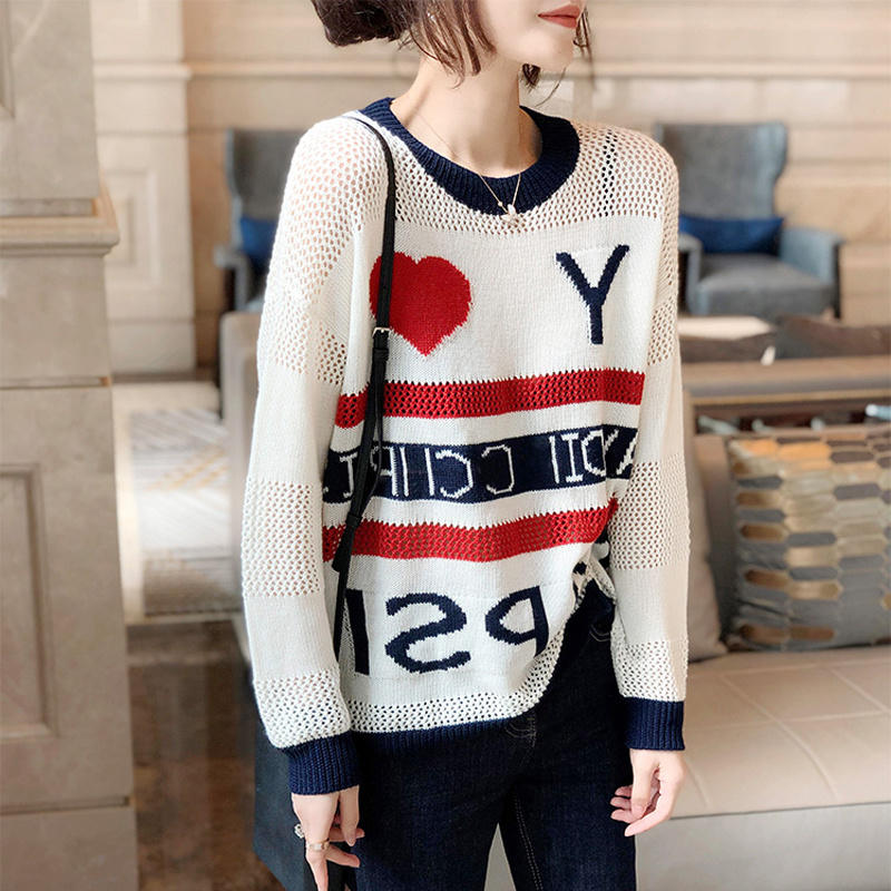 简约时尚慵懒风长袖套头薄款上衣白色镂空针织衫女新款