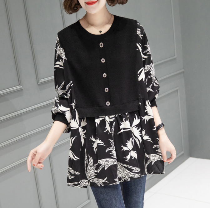 春季宽松圆领印花拼接假两件马甲衬衫