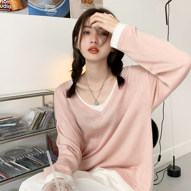 粉色假两件针织衫女春季秋新款设计感慵懒风毛衣早秋V领上衣