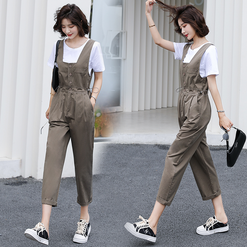 减龄休闲网红夏季女背带裤套装修身显瘦工装连体裤薄款宽松九分裤