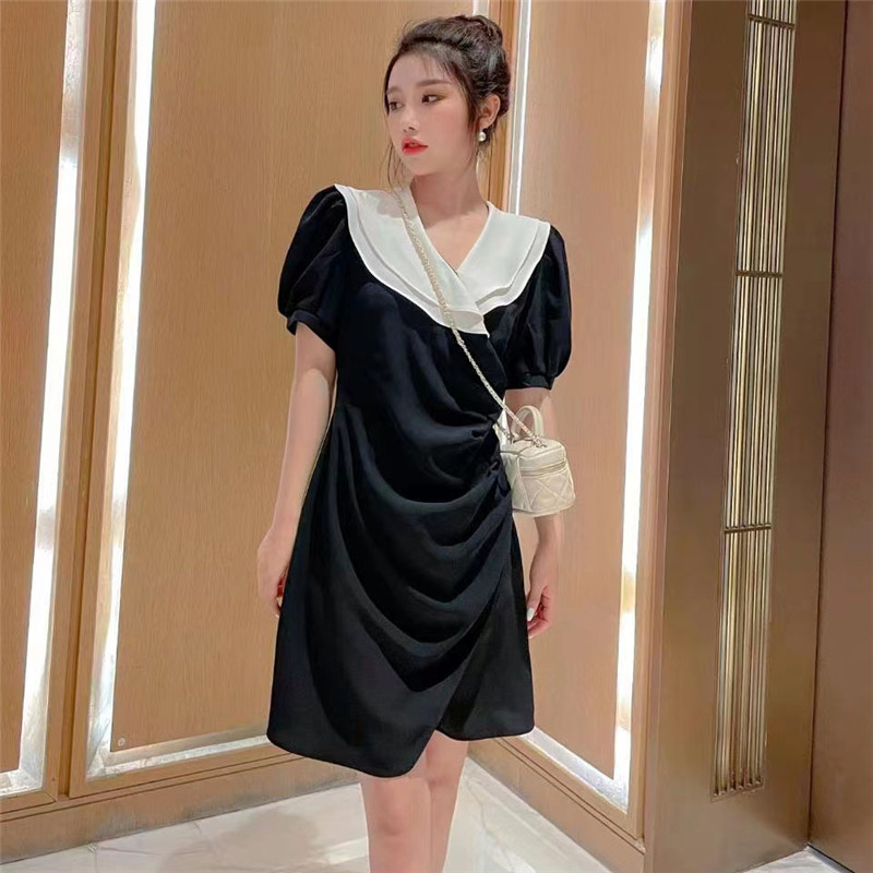 法式荷叶边皱褶撞色连衣裙女夏季韩版收腰显瘦中长裙