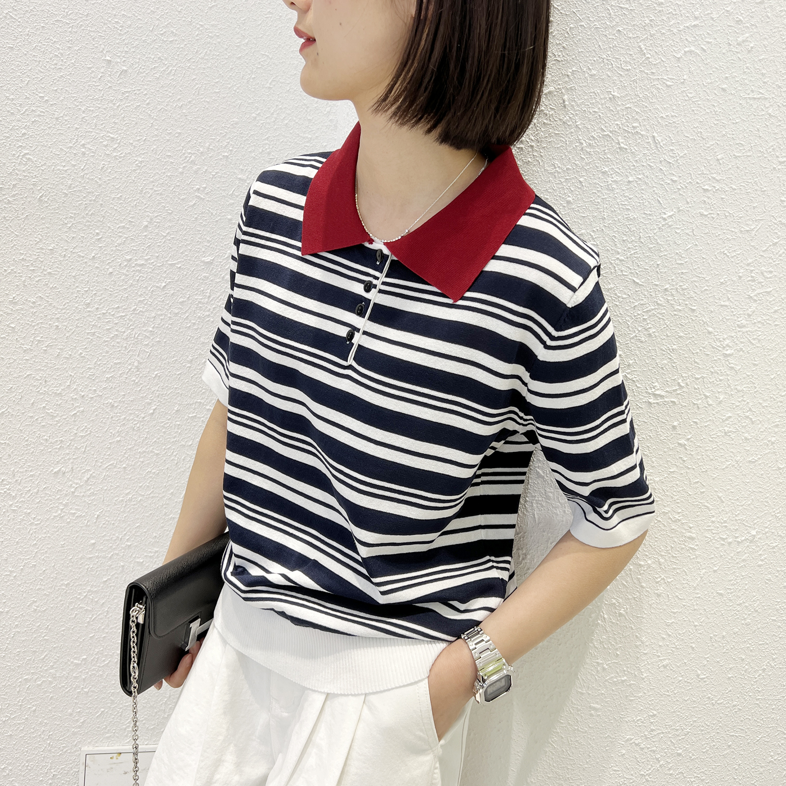 韩版撞色POLO领冰丝条纹短袖针织衫