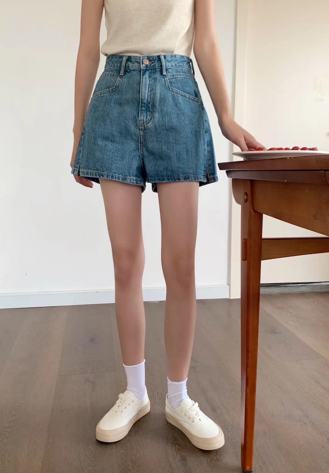 新款夏季欧货高腰宽松开叉阔腿热裤