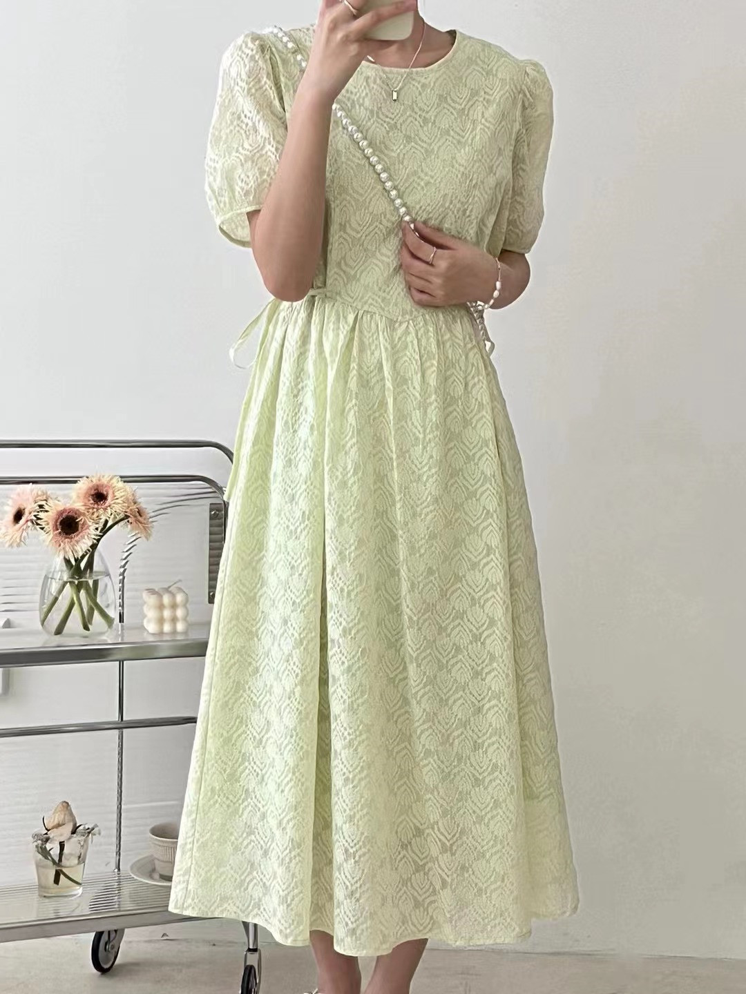 夏新款收腰系带显瘦泡泡袖中长a字裙