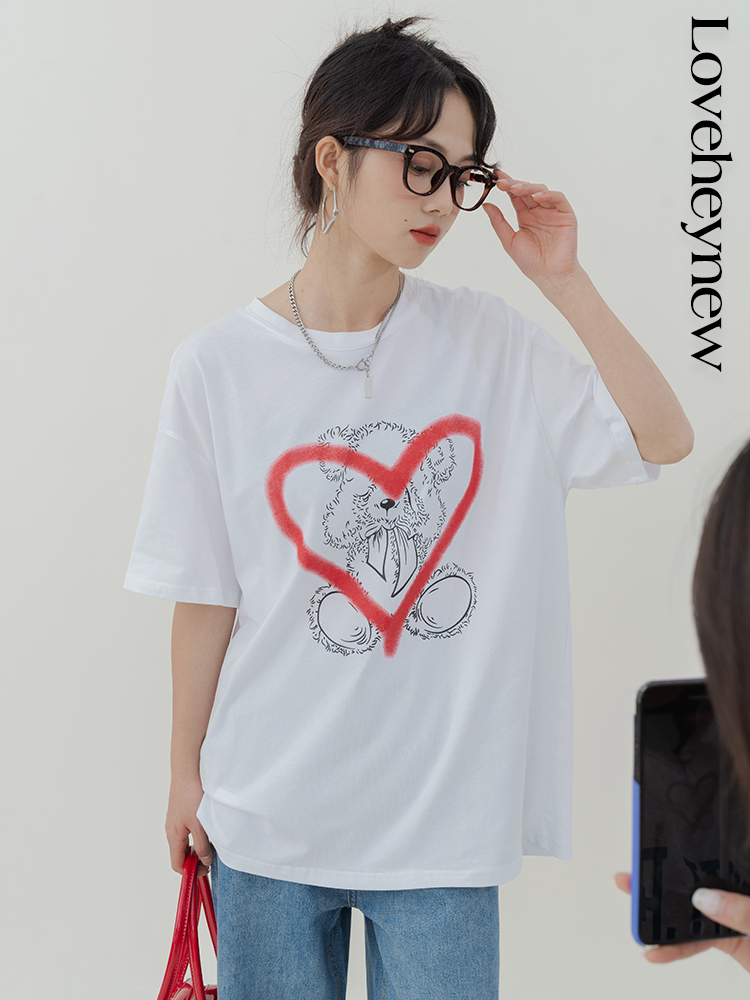 爱心小熊印花短恤t恤女春季圆领宽松个性百搭上衣