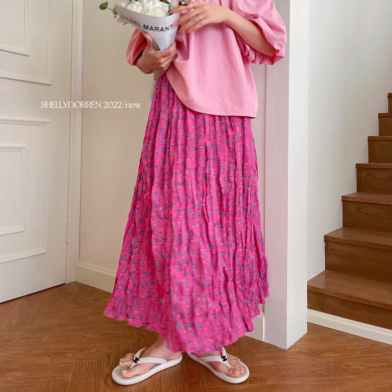 褶皱碎花半身裙女夏季高腰垂感松紧腰显瘦绿色中长款a字裙