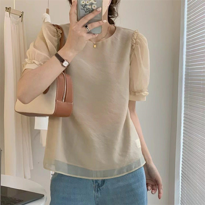 夏新款圆领雪纺上衣木耳边时尚衬衣