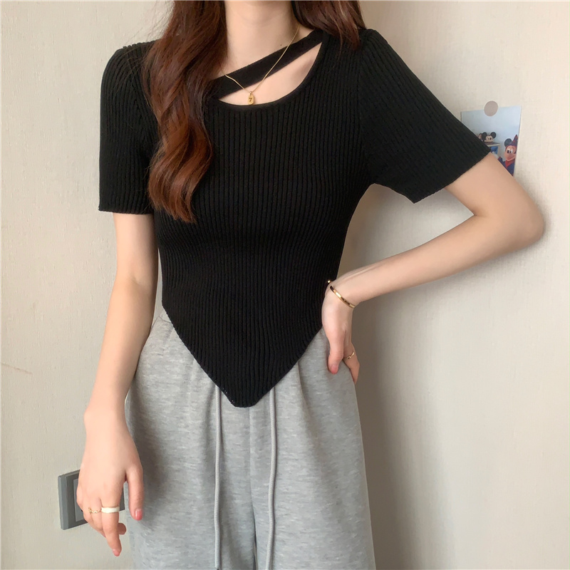 夏季新款设计感不规则针织衫女T恤短袖性感贵族