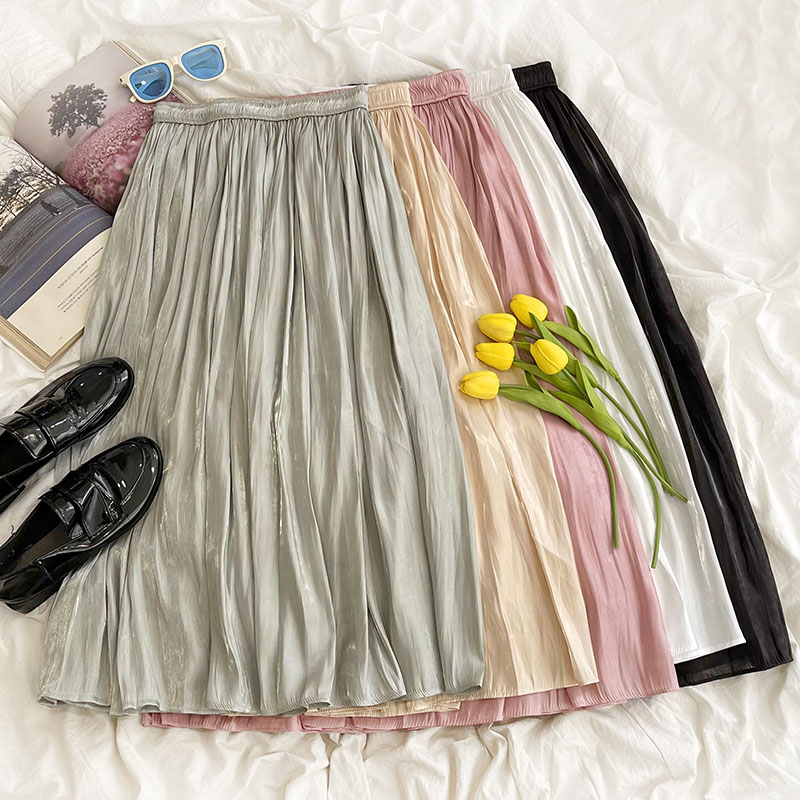 温柔风缎面流光纱裙夏季松紧高腰显瘦百搭垂感飘逸百褶半身裙