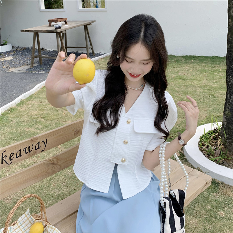 泡泡袖衬衫女设计感小众夏季新款气质别致v领华夫格上衣