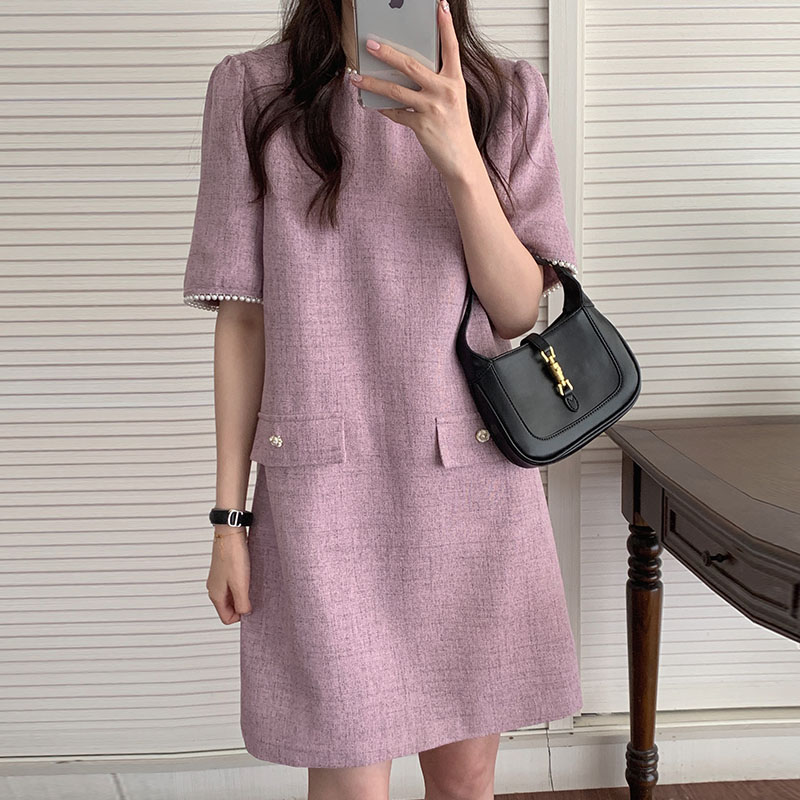 韩国chic夏季优雅气质圆领珍珠修饰宽松假口袋设计感连衣裙短裙女