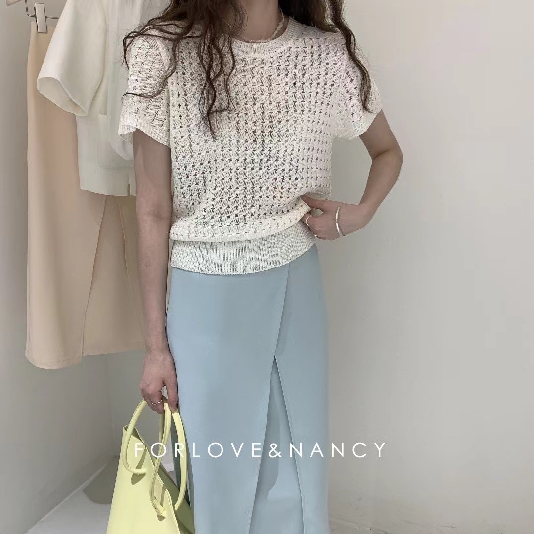 T恤夏季圆领纯色镂空简约洋气温柔短袖针织衫