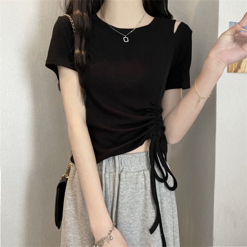 圆领抽绳绑带短袖短款上衣女夏季新款小心机黑色T恤打底衫