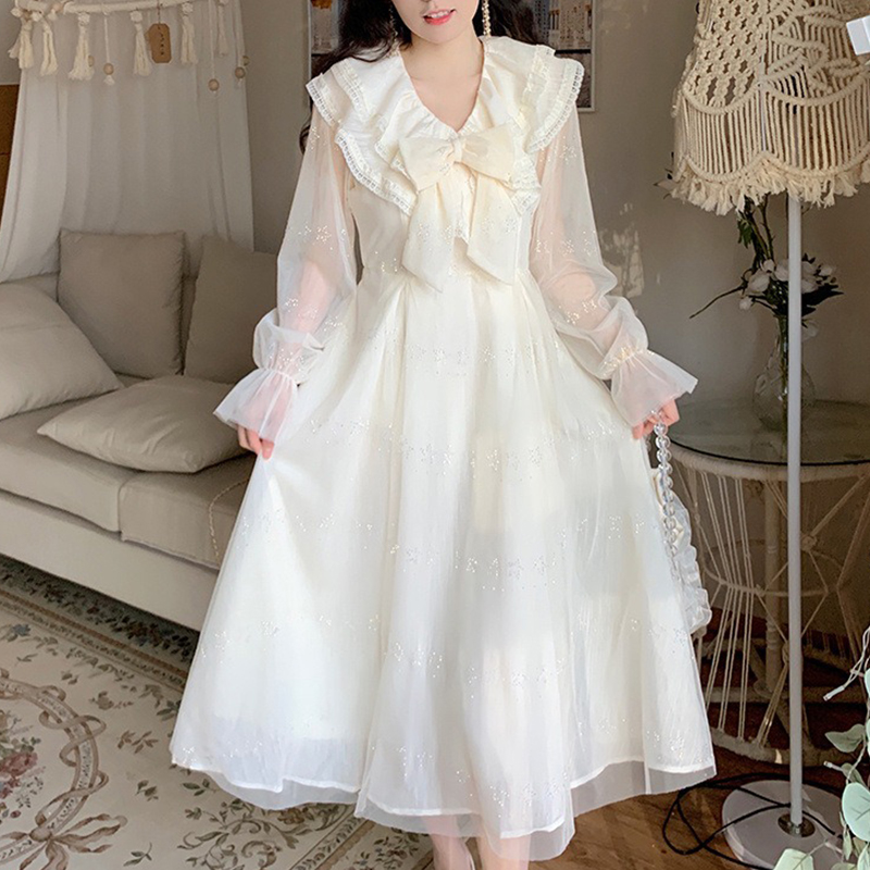 彩钻蝴蝶结仙女连衣裙春季新款蕾丝拼接在逃公主风温柔长裙子