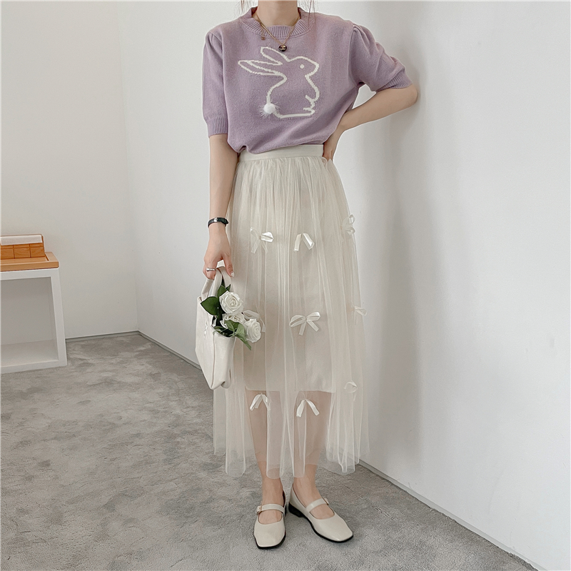 春夏款网纱垂感高腰优雅chic蝴蝶结女中长款半身裙