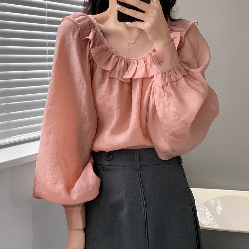 春季新款灯笼袖法式设计感荷叶边衬衣娃娃领上衣女