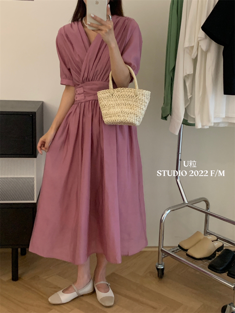纯色高级设计感小众连衣裙女夏薄款法式甜美收腰长款裙子